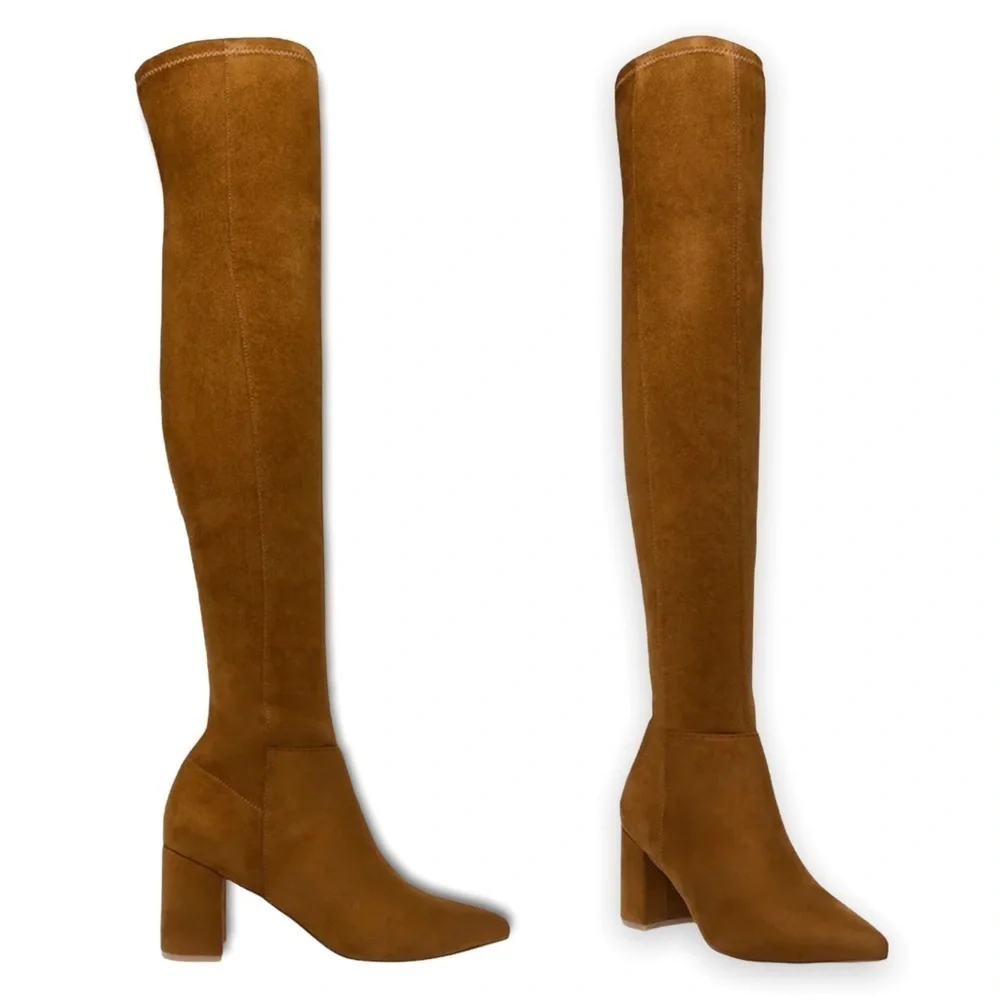 Steve Madden Shaya Boots Cognac Brown Over The Knee Suede Leather Heels Size 6.5